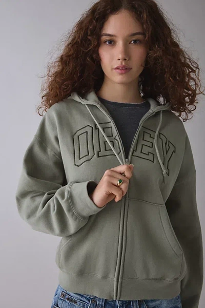 Obey Collegiate Embroidered Graphic Baggy Full-zip Hoodie Sweatshirt In Taupe, Women's At Urban Outfitter In Multi