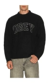 Obey Embroidered Collegiate Logo Ribbed Crewneck Sweater In Black