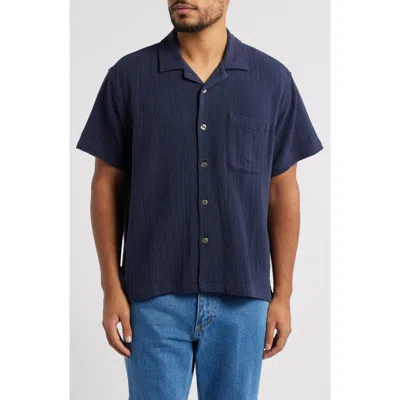 Obey Curtis Cotton Seersucker Camp Shirt In Navy