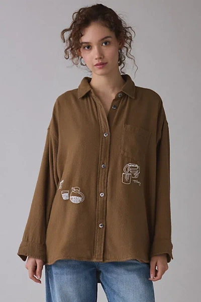 Obey Delight Embroidered Oversized Long Sleeve Button-down Shirt In Tan, Women's At Urban Outfitters In Brown