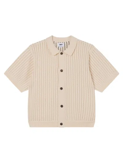 Obey Dez Sweater Shirt Cardigan Short Sleeves With Collar - Umbleached In White