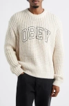 Obey Embroidered Collegiate Logo Ribbed Crewneck Sweater In Neutral