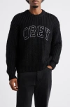 Obey Embroidered Collegiate Logo Ribbed Crewneck Sweater In Black