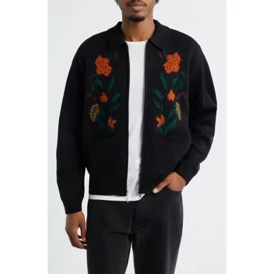 Obey Full-zip Cardigan With Floral Motif In Black