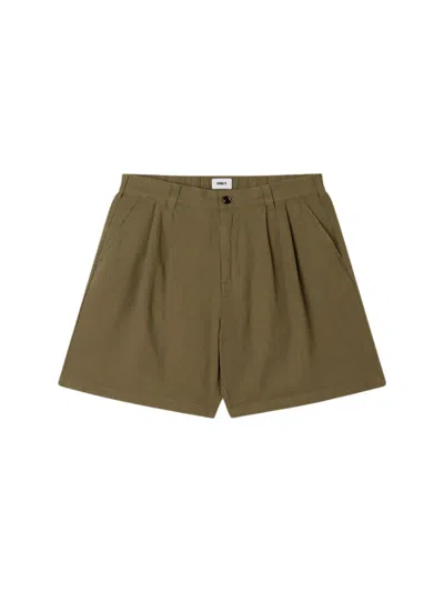 Obey Foster Pleated Linen Shorts Sartorial Linen Shorts Wide Leg - Smokey Olive In Green