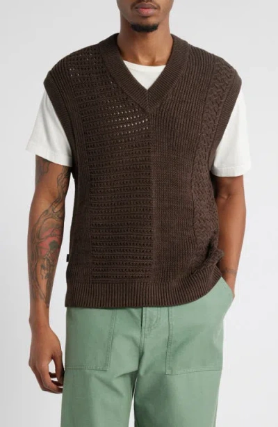 Obey Garrett Textureblock Cotton V-neck Sweater Vest In Java Brown