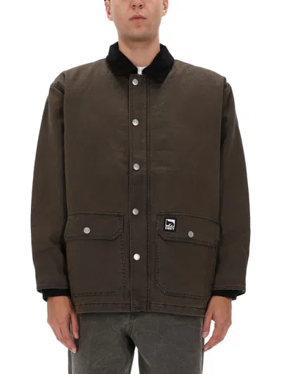 Obey Corduroy-collar Logo-patch Jacket In Gray