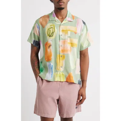 Obey Jems Abstract Print Cotton Seersucker Camp Shirt In Green