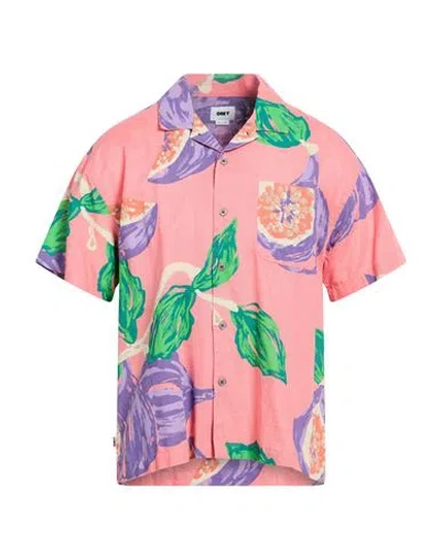 Obey Man Shirt Coral Size L Cotton, Linen In Pink