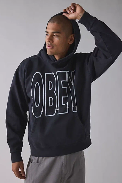 Obey Manor Logo Faded Hoodie Sweatshirt In Washed Black, Men's At Urban Outfitters