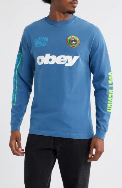 Obey Mega Global Mania Graphic Long Sleeve T-shirt In Blue