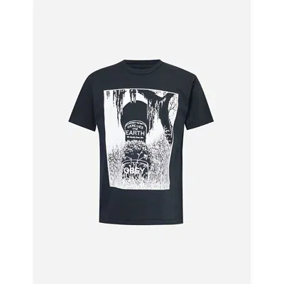 Obey Mens Pigment Vintage Black Here Lies Earth Graphic-print Cotton-jersey T-shirt