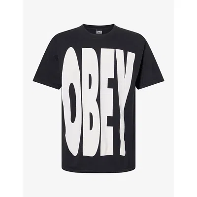 Obey Mens Black Logo-print Relaxed-fit Cotton T-shirt