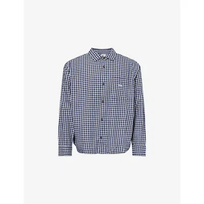 Obey Mens Navy Mutli Check-pattern Logo-embroidered Cotton Shirt In Blue