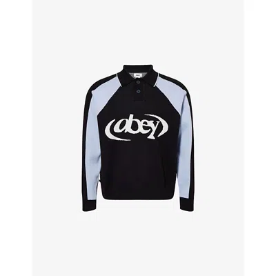 Obey Mens Faded Black Soccer Brand-print Cotton-knit Polo Jumper