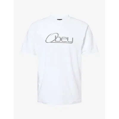 Obey Mens White Chrome Logo-print Cotton T-shirt