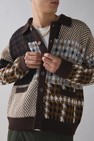 OBEY PATCHWORK CARDIGAN IN BROWN, MEN'S AT URBAN OUTFITTERS