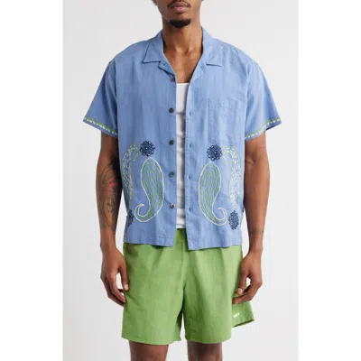 Obey Quentin Embroidered Short Sleeve Cotton & Linen Button-up Shirt