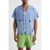 Obey Quentin Embroidered Short Sleeve Cotton & Linen Button-up Shirt In Blue