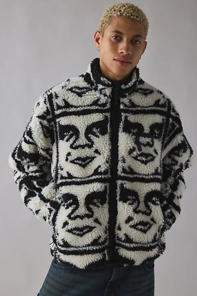 OBEY REPEATED ICON PATTERN FLEECE JACKET IN BLACK/WHITE, MEN'S AT URBAN OUTFITTERS