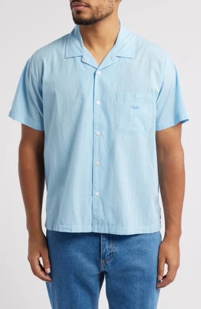 Obey Rizzo Pinstripe Cotton Camp Shirt In Cerulean Multi