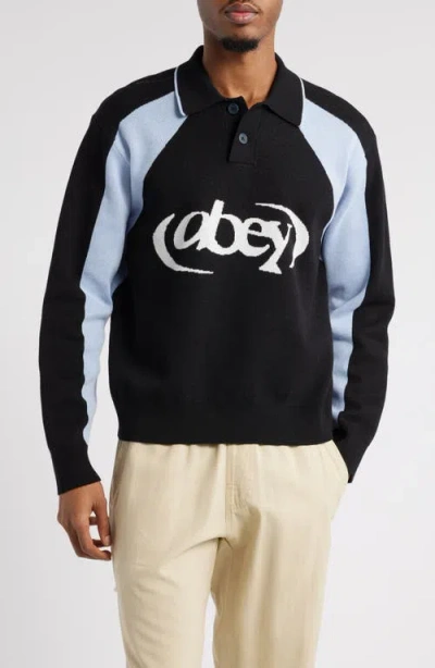 Obey Soccer Long Sleeve Cotton Polo Sweater In Faded Black Multi