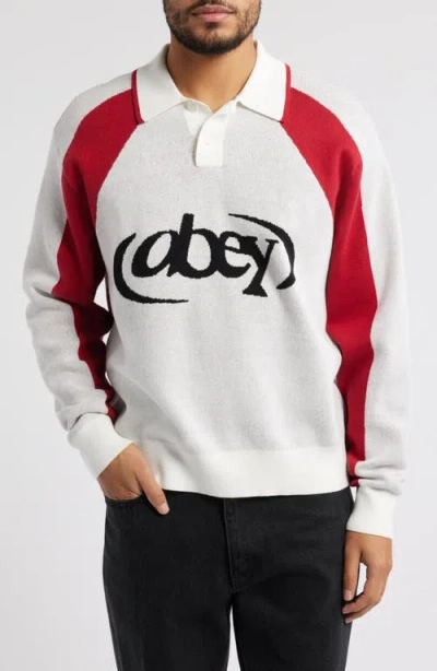 Obey Soccer Long Sleeve Cotton Polo Sweater In White Multi