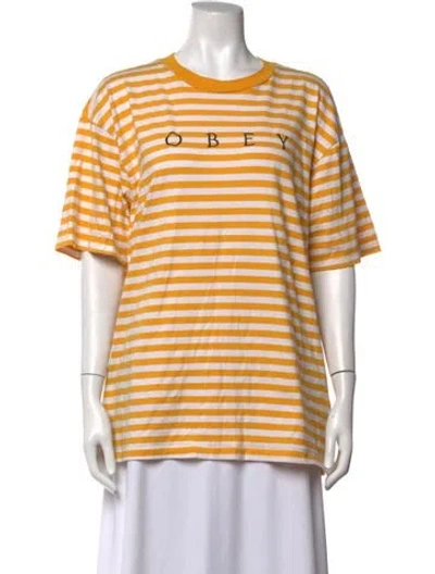 Pre-owned Obey Striped Crew Neck T-shirt In Yellow
