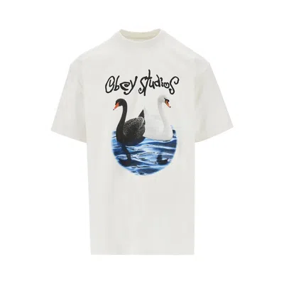 Obey Mens White Swan-print Crew-neck Cotton T-shirt