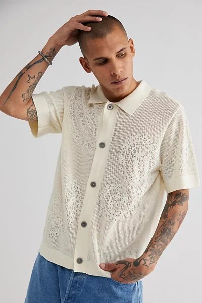 Obey Tear Drop Open Knit Button-down Shirt Top In Ivory, Men's At Urban Outfitters