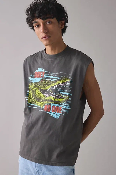 Obey Uo Exclusive Alligator Graphic Cutoff Muscle Tee In Washed Black, Men's At Urban Outfitters