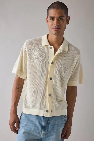 Obey Uo Exclusive Floral Open Knit Short Sleeve Polo Sweater In Unbleached, Men's At Urban Outfitters In Yellow