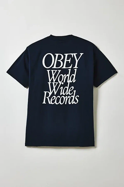 Obey Uo Exclusive World Wide Records Graphic Tee In Navy, Men's At Urban Outfitters In Blue