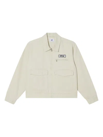 OBEY OBEY WALTER WORK JACKET IN LIGHT CANVAS WITH COLLAR AND ZIP - SILVER BITCH FADED