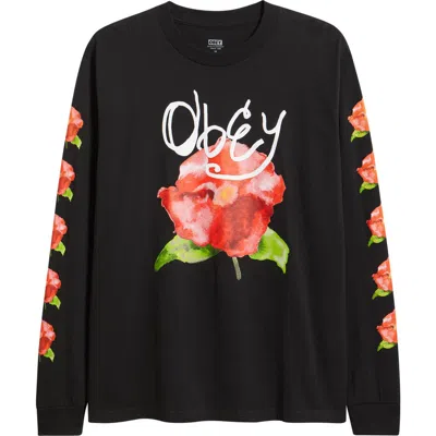 Obey Watercolor Poppy Long Sleeve Cotton Graphic T-shirt In Black