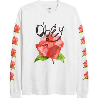 Obey Watercolor Poppy Long Sleeve Cotton Graphic T-shirt In White