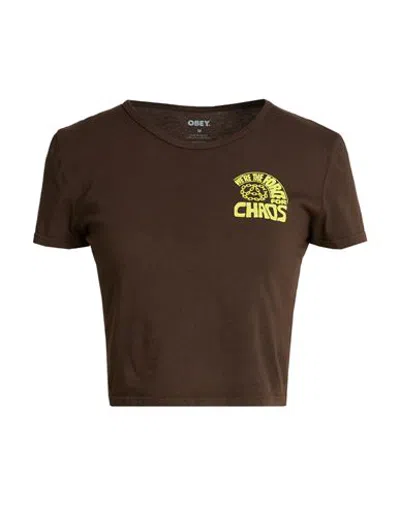 Obey Woman T-shirt Chocolate Brown Size Xs Cotton