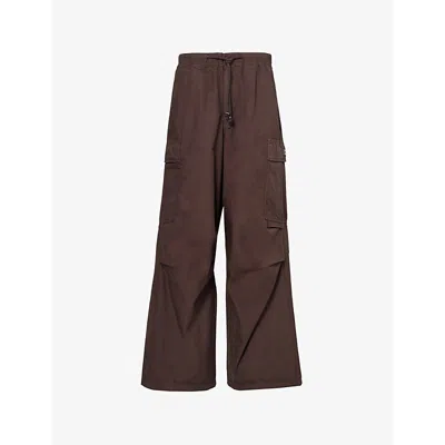 Obey Womens Java Brown Patch-pocket Relaxed-fit Wide-leg Mid-rise Cotton Cargo Trousers