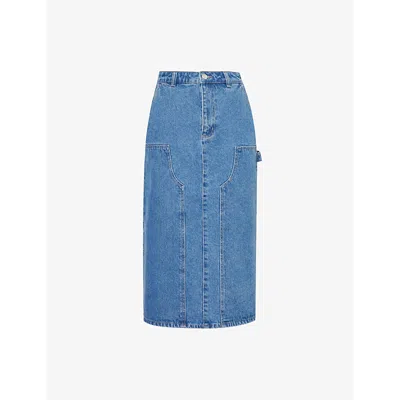 Obey Womens Light Indigo Painter's Patch-pocket Denim Midi Skirt