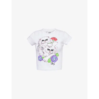 Obey Womens White Carnation Kittens Slim-fit Stretch-cotton Jersey Top