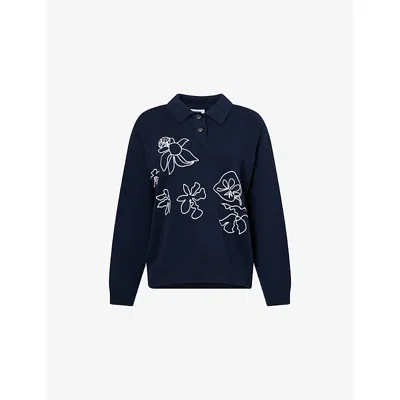 Obey Womens Bloom Embroidered Cotton-knit Polo Jumper Navy