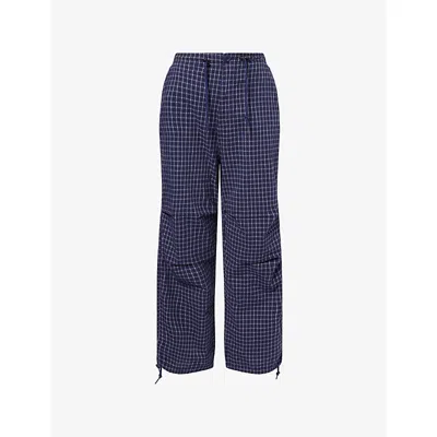 Obey Womens Blue Multi Circa Check-print Cotton Parachute Trousers