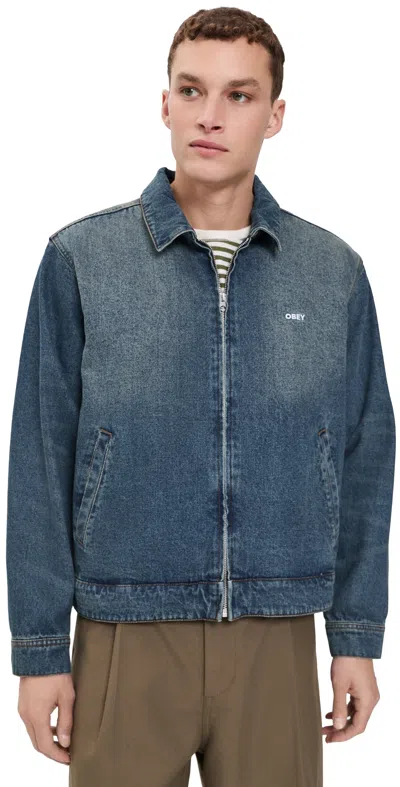 Obey Workshop Denim Jacket Oil Stained Indigo In Blue