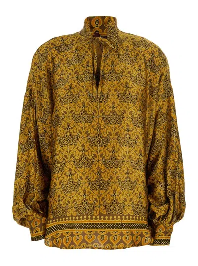 OBIDI 'MARION' YELLOW SHIRT WITH FRONT KNOT CLOSURE AND ALL-OVER GEOMETRIC MOTIF