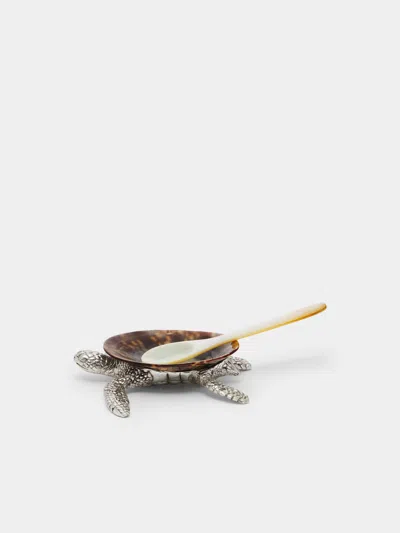 Objet Luxe Sea Turtle Silver-plated And Shell Salt Dish With Mother-of-pearl Spoon In Multi