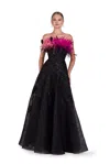 O'blanc Strapless Gown With Ombré Feathers In Black
