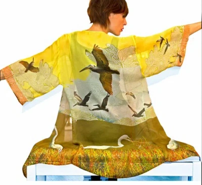 Pre-owned Obscura Designs Obscura X Julie Gardner Malibu Yellow Bird Silk Kimono Jacket Coverup Os Brand N