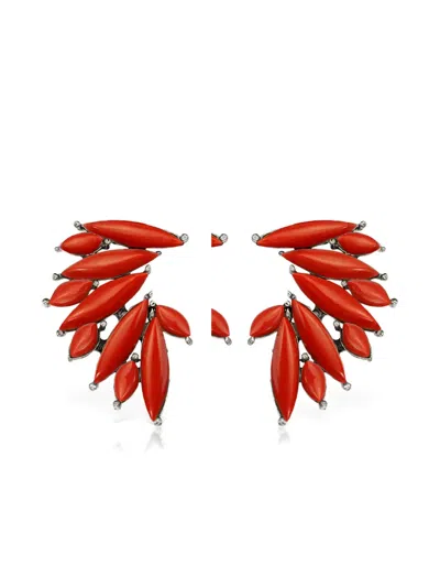 Obsidian Leaf Embellished Earrings In Red