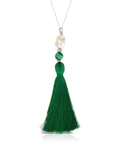 Obsidian Tassel Pearl Necklace In Green