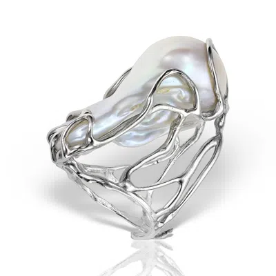 Obsidian Women's White / Silver Disorder Baroque Pearl Ring, Sterling Silver In Multi